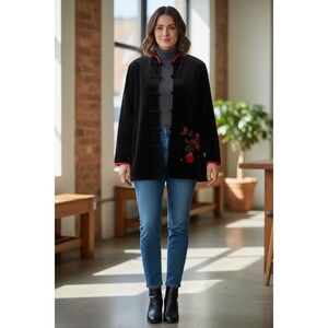 Newport News Black Velvet Mandarin Jacket Red Floral Embroidery Frog Closure 12
